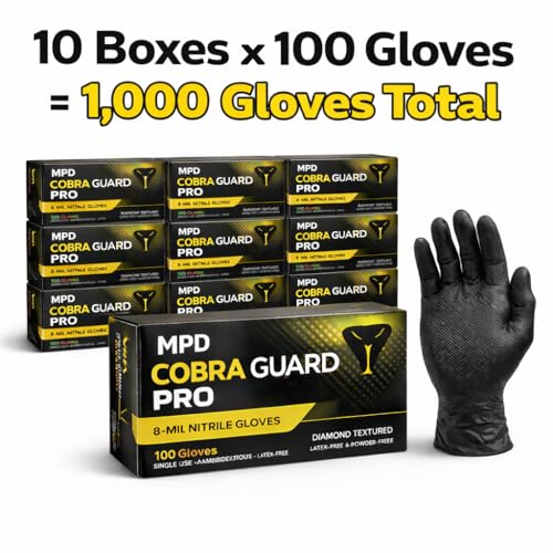 MPD Cobra Guard PRO Black 8-Mil Nitrile Gloves, Diamond Textured Torque Grip. - size: Medium, style: Cases of 10x100