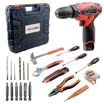 33 Picce Orange Tool Kit with 12V Cordless Drill, Tool Box with Drill, Hand Drill Set for Men Women, Home Tool Kits for House Repair, Handyman, DIY - size: Drill Driver