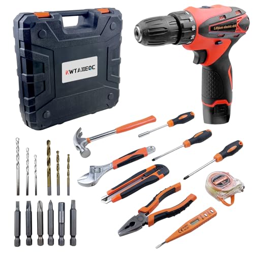 33 Picce Orange Tool Kit with 12V Cordless Drill, Tool Box with Drill, Hand Drill Set for Men Women, Home Tool Kits for House Repair, Handyman, DIY - size: Drill Driver