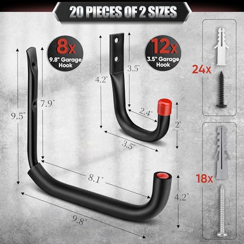 Nacial 20 Pack Garage Hooks Heavy Duty, 9.8" & 3.5" Garage Wall Hook with EVA Pads, 100LBS Capacity Hooks for Hanging Bikes, Kayak Folding Chairs and Hanging Ladders - size: 20