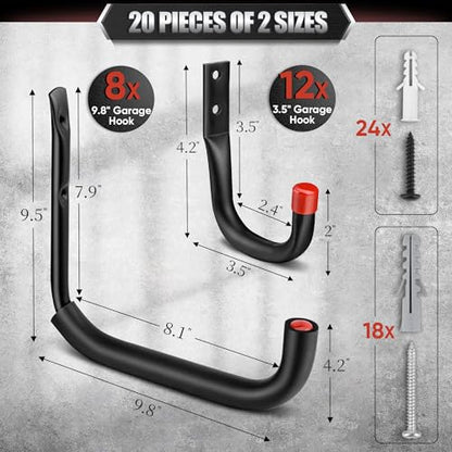Nacial 20 Pack Garage Hooks Heavy Duty, 9.8" & 3.5" Garage Wall Hook with EVA Pads, 100LBS Capacity Hooks for Hanging Bikes, Kayak Folding Chairs and Hanging Ladders - size: 20