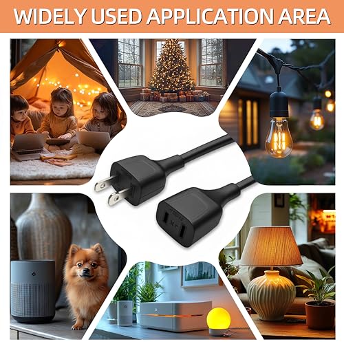 5FT Short Black Power Extension Cord Indoor Use with 125V 5A 625W 2-Prong 2 Outlets Ideal for Holiday Lights, Lamps, Security Cameras, Appliance (1 Pack) - size: 5FT Black (1 Pack)