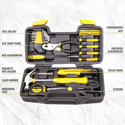 CARTMAN 39-Piece Home Tool Set Kit, Essential Household Hand Tools with Plastic Storage Case, Yellow - color: Yellow