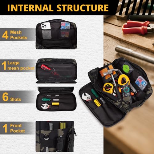 Tactical Tool Bag for Men,Wide Mouth Tool Pouch with Water-Resistant, Multi-purpose Range Bags with Zipper Handle,Heavy Duty Small Tool box organizer for Repairman, Carpenters, Handyman - color: Camo Black
