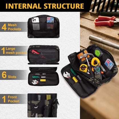 Tactical Tool Bag for Men,Wide Mouth Tool Pouch with Water-Resistant, Multi-purpose Range Bags with Zipper Handle,Heavy Duty Small Tool box organizer for Repairman, Carpenters, Handyman - color: Camo Black