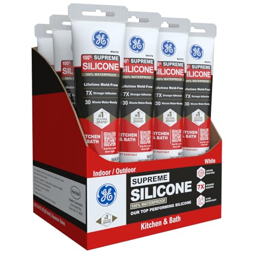 GE Supreme Silicone Caulk for Kitchen & Bathroom, White, 2.8 fl oz Tube, 12 Pack - 100% Waterproof Silicone Sealant, 7X Stronger Adhesion, Shrink & Crack Proof - size: Pack of 12