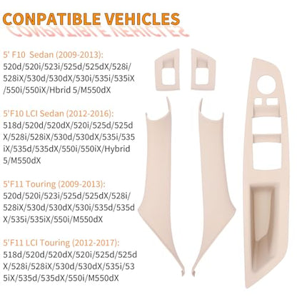 7pcs No-Remove Interior Door Pull Handle Sticky Cover for BMW 5 Series F10/F11 520,523,525,528,530,535 (2010-2016) Fits Driver & Passenger Side Window Switch Armrest Panel (Beige) - color: Beige