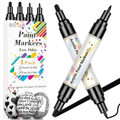 Black Paint Pens - 4 Pack Dual Tip Acrylic Paint Markers (0.7mm & 3mm), Non-Toxic, Water-Based Black Markers for Art Painting, Stone, Ceramic, Glass, Wood, Fabric, Metal, DIY Crafts - color: Black