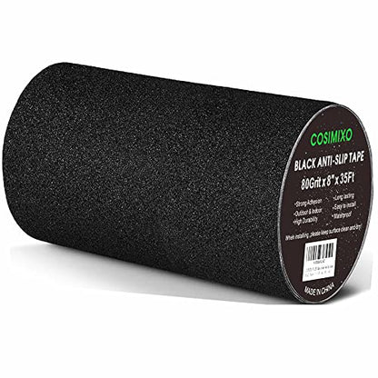 COSIMIXO 8" x 35Ft Heavy Duty Anti Slip Tape,Best 80grit Friction,Grip,Abrasive for Stairs Outdoor/Indoor,Skateboard Grip Tape Safety Non Skid Tread Staircases Anti-Slip Traction Tape Black - size: 8" x 35Ft Black