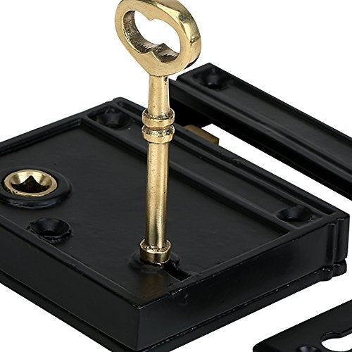 A29 Cast Iron Rim Lock Heavy Duty, Weather and Rust Resistant, Manual Latch for French & Screen Doors, Easy Install Hardware Included - Black Powder Coat Finish, Compact Size, 3.8" x 3.8", Vertical - style: Vertical Rim Lock
