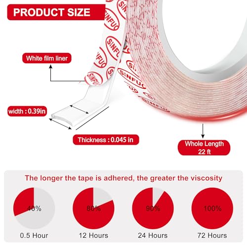 Sinfuo Double Sided Tape Heavy Duty, Removable Nano Double Sided Adhesive Tape(22Ft), Removable Damage Clear Mounting Tape Picture Hanging Adhesive Strips - size: 0.39in x 22ft