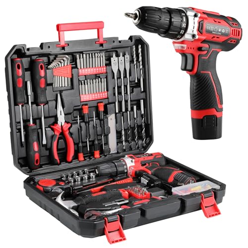 TLGREEN Complete Home Tool Kit with 12V Cordless Drill & Magnetic Bits | 138Pcs All-in-One Set for DIY, Repairs & Assembly | Durable Case & Fast Charging | Ideal for New Homeowners | Red - color: Red