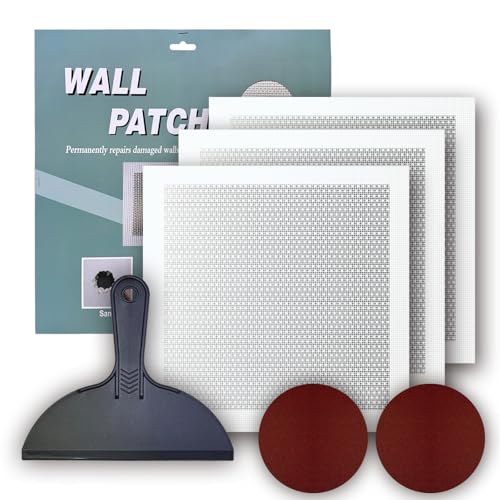 Drywall Repair Kit, 3 Pcs, 12x12in Self-Adhesive Patch for Large Holes and Cracks, with Sandpapers and Scrapers, Quick Fix for Ceiling and Bathroom Wall Damage