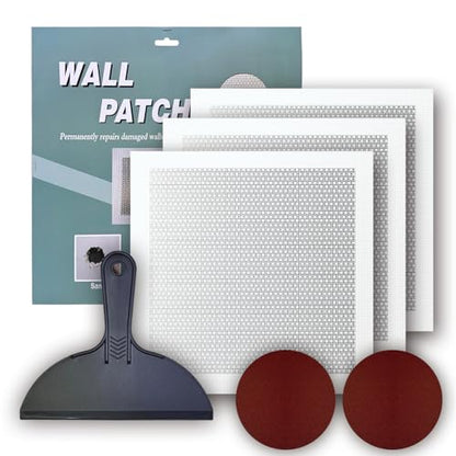 Drywall Repair Kit, 3 Pcs, 12x12in Self-Adhesive Patch for Large Holes and Cracks, with Sandpapers and Scrapers, Quick Fix for Ceiling and Bathroom Wall Damage