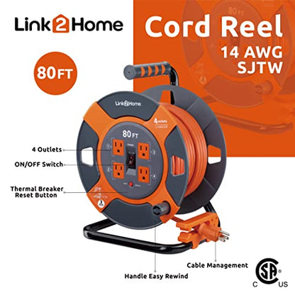 Link2Home Cord Reel 80 ft. Extension Cord 4 Power Outlets – 14 AWG SJTW Cable. Heavy Duty High Visibility Power Cord. - size: 80 ft