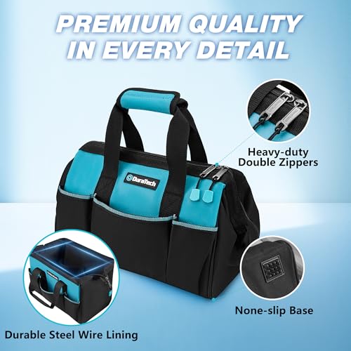 DURATECH 13-Inch Small Tool Bag with 9 Pockets, Tool Bags for Men Women, Toolbag with Thickened Fabric, Wide Open Mouth Tool Carrier for Mechanic Electrician Plumber HVAC - size: 13 Inch