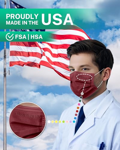 Disposable Face Masks Made in USA, 4 Ply for Families, Students, Breathable All-Day Wear & Safety, FSA HSA Eligible, ASTM Level 3 Medical Grade, 50 Pack, Burgundy - color: Burgundy, size: 50 Pack, style: Resealable Bag