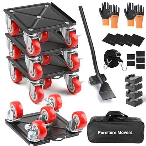 4 Packs Heavy Duty Furniture Dolly with 5 Wheels Rubber Silent Furniture Lift, 3300 lbs Load Capacity, Furniture Lift Tool Set Made of Premium Carbon Steel - size: 6.3in & 4 Dollies