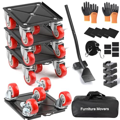 4 Packs Heavy Duty Furniture Dolly with 5 Wheels Rubber Silent Furniture Lift, 3300 lbs Load Capacity, Furniture Lift Tool Set Made of Premium Carbon Steel - size: 6.3in & 4 Dollies