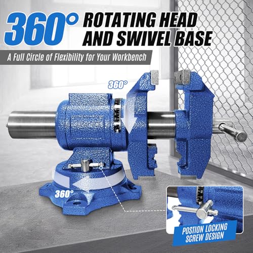 Heavy Duty Bench Vise, 4 Inch Jaw Width and Opening, 360° Swivel Base with Anvil, Multipurpose Clamp & Combination Pipe Vise for Woodworking, Metalworking, Conduit Work