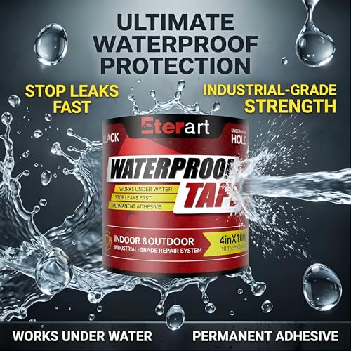 Waterproof Tape Black 4 Inch x 10 FT - Heavy Duty Rubberized Seal Repair for Active Leaks - Fix Roofs, Underwater Pool Liners & Pipes - All-Weather Emergency Patch Tool for Homeowners & Campers - color: Black