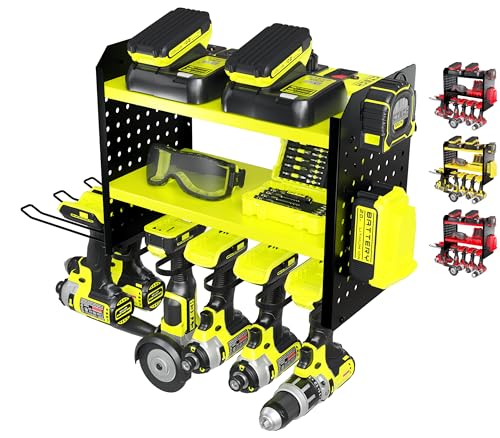 BUILTSTRONG Power Tool Organizer Wall Mount – 3-Tier Heavy-Duty Steel Rack, 6 Drill Slots, Dual Pegboard Sides, Side-by-Side Modular, 100 lb Capacity – Garage & Workshop (Green) - color: Green, size: 6 Drill Holder