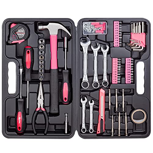 Cartman 148Piece Tool Set General Household Hand Tool Kit with Plastic Toolbox Storage Case Pink - color: Pink