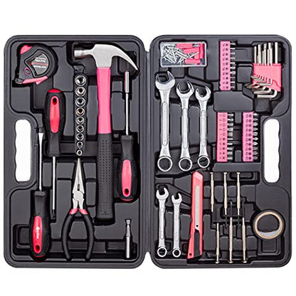 Cartman 148Piece Tool Set General Household Hand Tool Kit with Plastic Toolbox Storage Case Pink - color: Pink