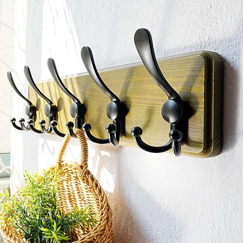 Dseap Coat Rack Wall Mount - Heavy-Duty Robust Barnwood-Style Wooden Wall Coat Hanger Hook Rail with 5 Triple Hooks for Winter Coats Hat Jacket Clothing, Weathered Green & Black, Pack of 2 - color: Weathered Green & Black, size: L=17.4"