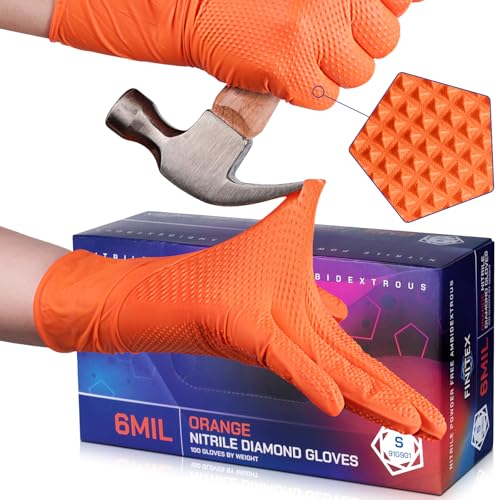 FINITEX Industrial Diamond Texture Nitrile Orange Glove - 100/1000PCS Chemical Resistant 6.3mil Mechanic Disposable Gloves - color: Orange (Small 1000)