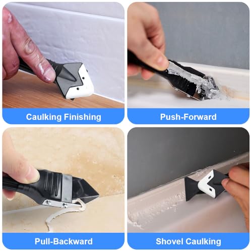 Multifunction Caulking Tool Kit - 9-in-1 Glue Remover Knife, Silicone Scraper with 5 Replaceable Pads for Corner, Angle, Crevice, Grout & Beauty Spatula Sealant Finishing Tool