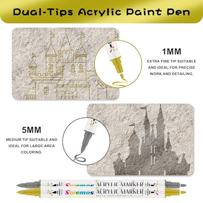 Swemos Acrylic Paint Pens Markers, Dual Tip with Fine Tip and Brush Tip Pens Acrylic Paint Markers Waterproof Acrylic Markers Set for Rock, Canvas Stone, Wood, Glass, Metal (GOLD+SILVER, 2) - style: GOLD+SILVER