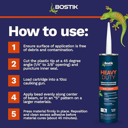 BOSTIK Heavy Duty 10.1oz Premium Construction Adhesive Glue Caulk | Professional Grade | Versatile Use on Wet & Dry Wood Joints | for Installing Wood, Drywall, Foam Board & More | 1 Cartridge