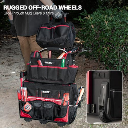 HAUTMEC 3-Piece Rolling Tool Bag Set, 18" Wheeled Tool Bag, 15" Open Top Tool Tote & 12" Wide Mouth Small Bag, Heavy-Duty 1680D Water-Resistant Tool Storage with Off-Road Wheel & Telescoping Handle - style: 3-Pcs Set | Red