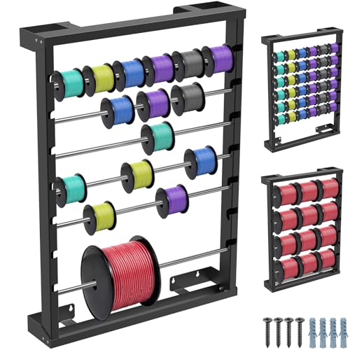 SELEWARE Heavy Duty Wall-Mounted Wire Spool Rack – Cable Reel Holder and Dispenser with 6 Adjustable Stainless Steel Rods for Industrial, Electrical, and Retail Storage and Display (Black) - color: C: Black Wall Mounted Wire Spool Rack (6 Rods)