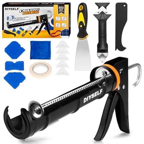 DIYSELF Caulk Gun Kit 9 Pack Professional Caulking Gun Caulk Remover Tool Kit Silicone Gun Sealant Finishing Tool Grout Scraper Hand Caulking Gun No Drip for Bathroom Kitchen Window Sink Tile Sealing - color: Black (9 Pcs Kit)
