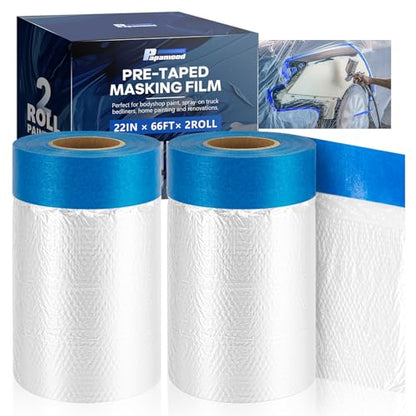 Pre-Taped Masking Film for Painting(2 Rolls) - 22" x 66'Painters Plastic Sheeting with Tape and Drape, Painters Drop Cloth for Automotive & Home, Cover for Walls/Floors/Windows/Cars Protection - size: 2 Rolls of 22" x 66'