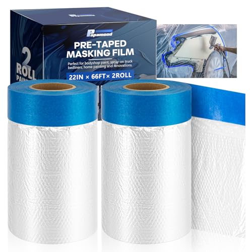 Pre-Taped Masking Film for Painting(2 Rolls) - 22" x 66'Painters Plastic Sheeting with Tape and Drape, Painters Drop Cloth for Automotive & Home, Cover for Walls/Floors/Windows/Cars Protection - size: 2 Rolls of 22" x 66'