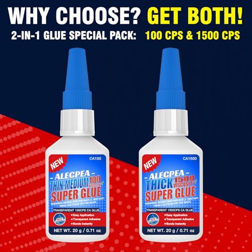 40g(1.4oz) 100/1500 CPS (Thin/Thick) CA Glue, Cyanoacrylate Super Glue for Wood, Glass, Metal, Paper, Leather, Plastic, Ceramic, Rubber, Jewelry, Woodworking, Hobby Models, and Craft Project - size: Clear/100CPS+1500CPS