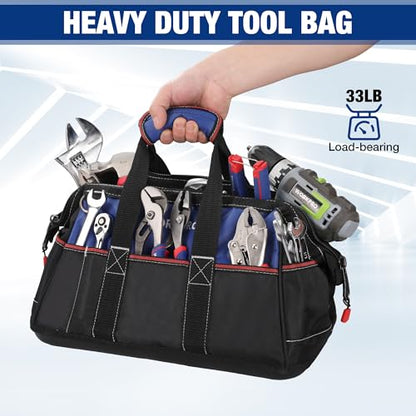 WORKPRO 16-inch Wide Mouth Tool Bag, Heavy Duty Cloth Tool Storage Bag with Water Proof Molded Base, Adjustable Shoulder Strap - color: Blue &Red