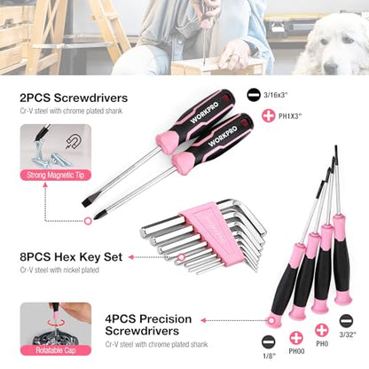 WORKPRO Pink Tool Set, 258 PCS Tool Kit for Women, Basic Household Case with Hammer, Screwdriver Set, Portable for Home Repair, New Apartment, House-Warming, DIY - Pink Ribbon
