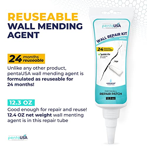 PentaUSA Drywall Repair Kit - 12.3Oz Wall Mending Agent with Scraper, Spackle Wall Patch, Drywall Repair Patch for Wall Hole, Concrete Repair, Cement Crack Filler - White (12.3Oz / 350gr)