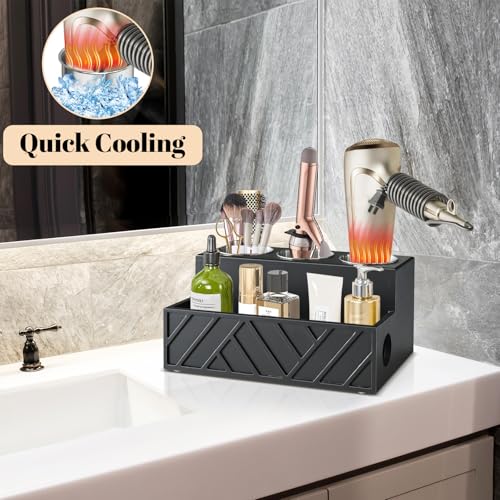 Unistyle Hair Tool Organizer, Wall Mounted, Bathroom Countertop, Vanity Organizer, Black, Wooden, Rectangular, Rustic, Art, 7.1 x 5.3 x 5.3 Inches, Paulownia Wood & Stainless Steel, 1.87 Pounds - color: Carving-Black