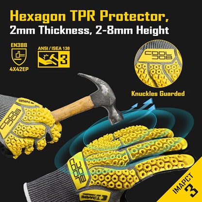 COOLJOB A5 Cut Resistant Gloves with Impact Resistant TPR, Touchscreen Nitrile Dipped Safety Work Gloves with Grip, 1/3 Pair - color: Yellow (1 Pair), size: Small