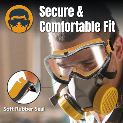 POWERTEC Safety Goggles Over Glasses, Scratch Proof UV Protection Anti-fog Safety Goggles, Chemical Splash Protective Eyewear W/Adjustable Headband for Woodworking, Mowing, Construction (71563) - style: Safety Goggle