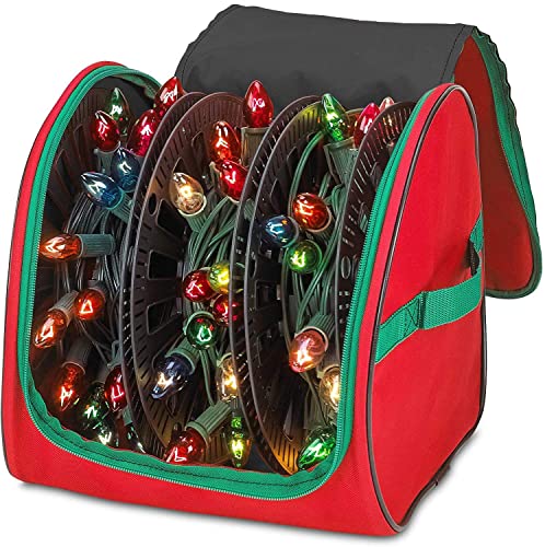 HOLDN’ STORAGE Premium Christmas Light Storage Bag – Heavy Duty Tear Proof 600D/Inside PVC Material with Reinforced Handles - 3 Reels Stores up to 375 Ft of Mini Tree Lights & Extension Cords Red - color: Red