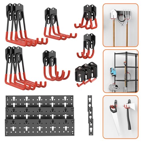 TORACK 24 PCS Garage Storage Hooks with Tracks, Wall Mount Tool Organizer for Garden Tools, Ladders, Cords, Folding Chairs, Shovels and Rakes, Shelving Hooks for Keyhole Style Shelving Units - color: Orange-Black