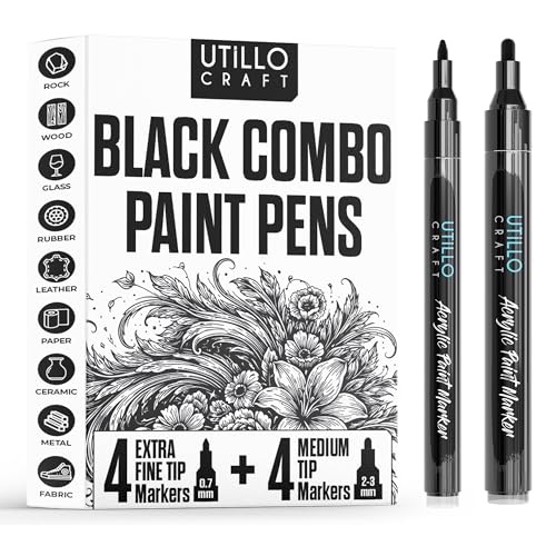 Utillo Craft Black Paint Pen (4+4 Pack) Extra Fine and Medium White Paint Markers for Rock Painting, Wood, Glass, Tire, Canvas, Metal, Fabric | Bold Color White Acrylic Paint Markers 0.7mm + 2-3mm - color: Black, style: Combo 4+4PK
