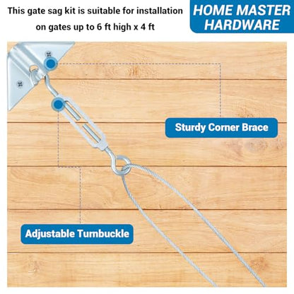 HOME MASTER HARDWARE 2 Pack Anti Sag Gate Kit for Wooden Fence Repair, Zinc Plated Steel, Anti-sag Gate Hardware Kit - Turnbuckle, Hooks, Heavy Steel Cable(7.5ft), Screws - color: Zinc, size: 2 Pack