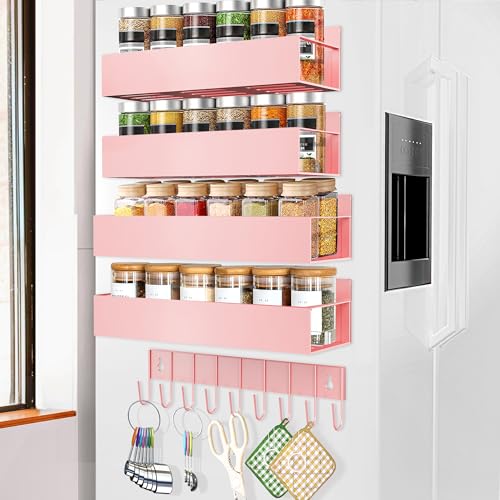 SMRCAD Magnetic Spice Rack Organizer for Fridge Seasoning Organizer for Kitchen storage with Screw Magnetic Shelf with Hook for Refrigerator and Oven (4pack1hook-Pink) - color: 4pack1hook-Pink